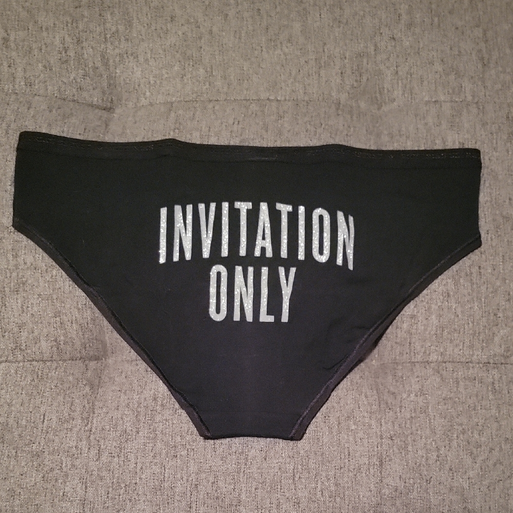 Victoria's Secret Black W/ Sparkle Silver "Invitation Only" Graphic Panty Sz. M